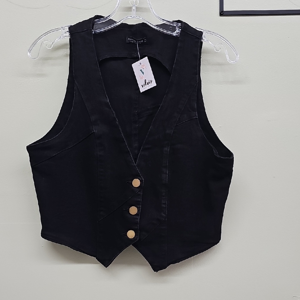 Black Denim Buttoned Women Vest L